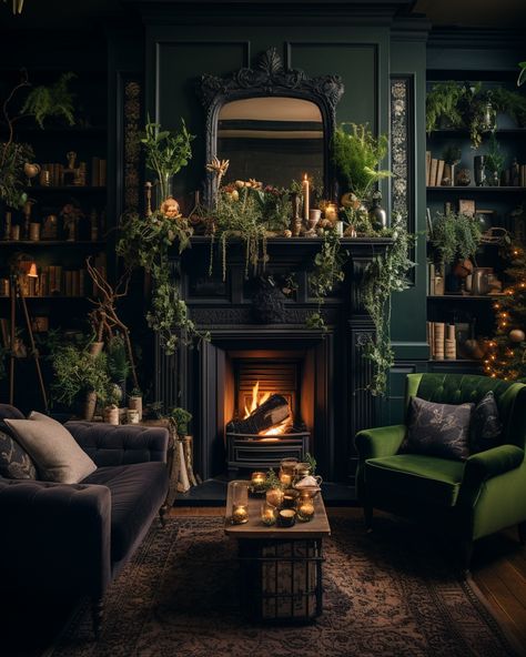 Dark Green And Leather Living Room, Practical Magic Living Room Aesthetic, Irish Bedroom Aesthetic, Black Green And Tan Living Room, Dark Green Gothic Living Room, Green Room Black Trim, Black Green Living Room Decor, Fantasy Inspired Living Room, Black Living Room White Trim