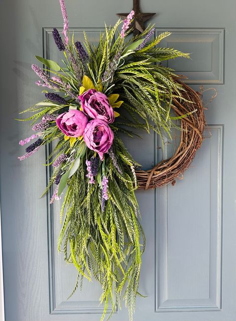 Purple Peony & Lavender Wreath, Peony Wreath, Year Round Wreath, Double Door Wreath, Grapevine Wreath, Front Door Wreath, Peonies Greenery - Etsy Canada Natal, Popular Wreaths 2023, Peonies And Lavender, Grapevine Wreath Ideas, Double Front Door Wreaths, Front Door Wreaths Diy, Easter Porch Decor, Unique Wreaths, Double Door Wreaths