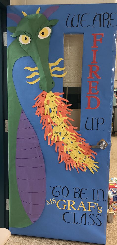 Dragon Teacher Appreciation door. Door decoration. Fired up. Dragon Door Decorations Classroom, Dragon Display Classroom, 3d Classroom Door Ideas, Spirit Door Decorations, Fairytale Door Decorations Classroom, Enchanted Forest Door Decoration, Fairytale Door Classroom, Dragon Door Decoration, Shrek Door Decoration