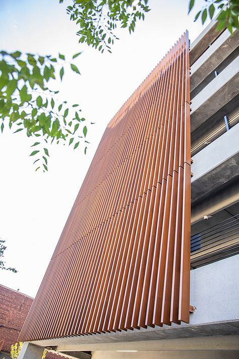 Wood Louver Facade, Wood Panel Facade, Vertical Louvers Facade, Office Building Facade Design, Louvers Facade, Corten Facade, Louvers Design, Wood Louver, Main Gate Designs