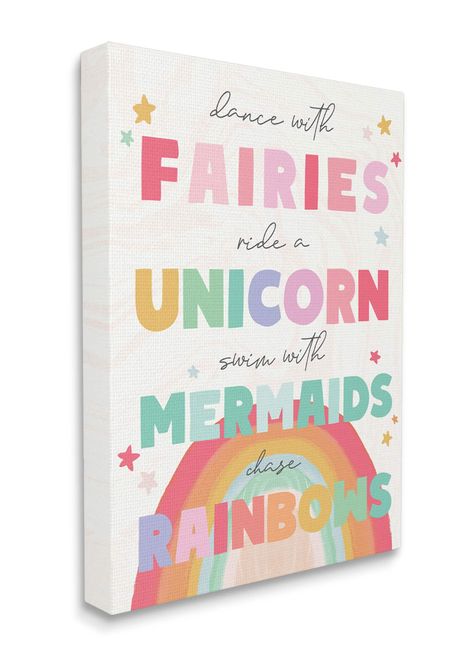 "Find the Stupell Industries Fairies Unicorns Mermaids and Rainbows Whimsical Design Canvas Wall Art at Michaels. com. Our stretched canvas is created with the highest standards. We use only the highest quality inks and canvas on our in house Mimaki printers, and then hand cut and stretch each piece over a 1.5 inch thick wooden frame for hanging. Our stretched canvas is created with the highest standards. We use only the highest quality inks and canvas on our in house Mimaki printers, and then h Mermaid And Unicorn Bedroom, Rainbow And Unicorn Bedroom, Rainbow Unicorn Room, Girls Unicorn Room, Unicorn Themed Room, Princess Theme Bedroom, Unicorn Girls Room, Girls Rainbow Bedroom, Mermaid Decor Bedroom