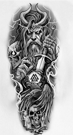 Tattoo Odin, Thor Tattoo, Hades Tattoo, Venom Tattoo, Viking Warrior Tattoos, Arm Tattoos Drawing, Valkyrie Tattoo, Viking Tattoo Sleeve, Hunter Tattoo