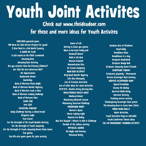 Activities and Combined Activities Mutual Activities After brief opening exercises, Young Women and Young Men activities are usually held separately. Class or quorum activities usually last 30 to 75 minutes. Activities give young women and young men opportunities to: Meet with other youth who share similar beliefs and standards. Feel…Read More Lds Yw Activities, Lds Youth Activities, Church Youth Activities, Lds Young Women Activities, Mutual Activities, Church Youth Group, Young Women Lessons, Youth Group Activities, Activity Day Girls