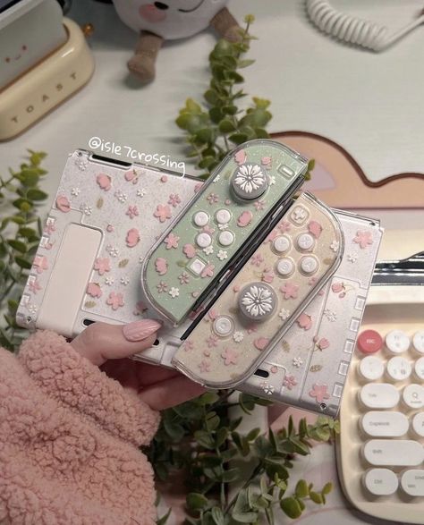 Clear Plastic Case for Nintendo Switch with Cherry Blossoms and Glitter Effect. 2 Thumb Grips also Included Nintendo Switch Case, Kawaii Games, Gamer Setup, Pink Sakura, Gamer Room Decor, Video Game Room Design, Nintendo Switch Accessories, Gaming Room Setup, Nintendo Switch Games