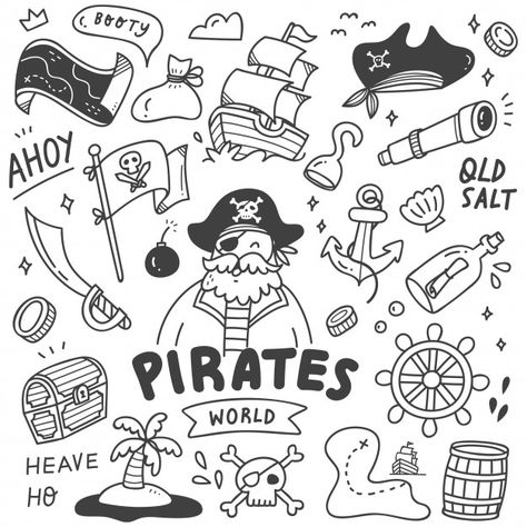 Discover thousands of Premium vectors available in AI and EPS formats Pirate Doodles, Shipwreck Drawing, Pirate Illustration, Kindergarten Drawing, Disney Doodles, Best Tattoo Ever, Dibujo Simple, Pirate Tattoo, Pirate Kids
