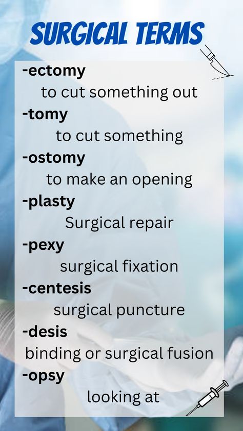 Medical Terms for Surgery   | Medical Suffix  | Surgical Terms Dermatology Medical Terms, Operating Room Assistant, Surgery Nursing Cheat Sheets, Medical Terms Nursing, Surgical Technician Study, Surgical Terminology, Surgical First Assistant, Surgical Tech Study Notes, Med Surgery Nursing