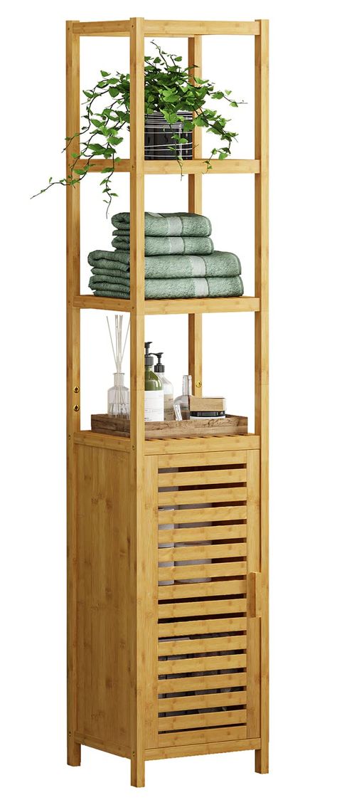 PRICES MAY VARY. ✅PRACTICAL STORAGE FOR SMALL SPACE: Want to make the most of small corners? This 13.4″L x 13″W x 67″H tall cabinet comes with 3 open shelves and one cupboard with door to help you maximize your vertical space, it is compact and slim and can be put in a small corner or interval, and saves more floor space for other items. ✅HIGHT QUALITY BAMBOO CABINET WITH SHELVES: This free standing linen tower are made of 100% natural bamboo. Compared with other materials, the bamboo's toughnes Slim Cabinet, Shelves Freestanding, Slim Storage Cabinet, Tower Cabinet, Small Bathroom Storage Cabinet, Bamboo Cabinets, Bathroom Tall Cabinet, Bamboo Shelf, Bamboo Bathroom