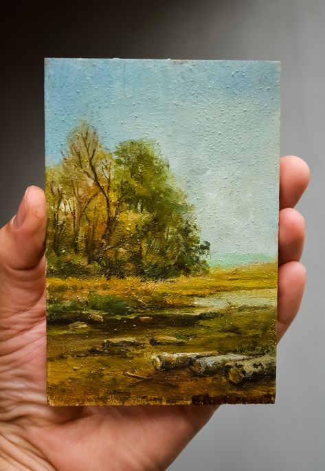 Nature, Small Nature Paintings, Pine Tree Oil Painting, Oil Painting Small Canvas, Miniature Canvas Painting Ideas, Mini Oil Painting Ideas, Miniature Oil Paintings, Small Oil Painting Ideas, Horizontal Canvas Painting Ideas