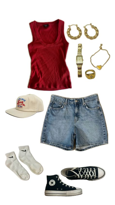 red tank top jean shorts gold jewelry hat summer outfit cute casual aesthetic Red Tank Top Outfit, Hat Summer Outfit, Tank Top Outfit, Top Jean, Cute Summer Outfit, Red Tank Top, Outfit Cute, Tank Top Outfits, Hat Summer