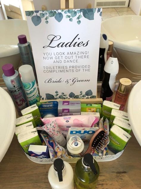 Wedding Bathroom Basket Ideas, Bathroom Basket Ideas, Bathroom Designs 2023, Wedding Bathroom Basket, Reception Designs, Watercolor Wedding Sign, Bathroom Basket Wedding, Ladies Toilet, Wedding Plaques