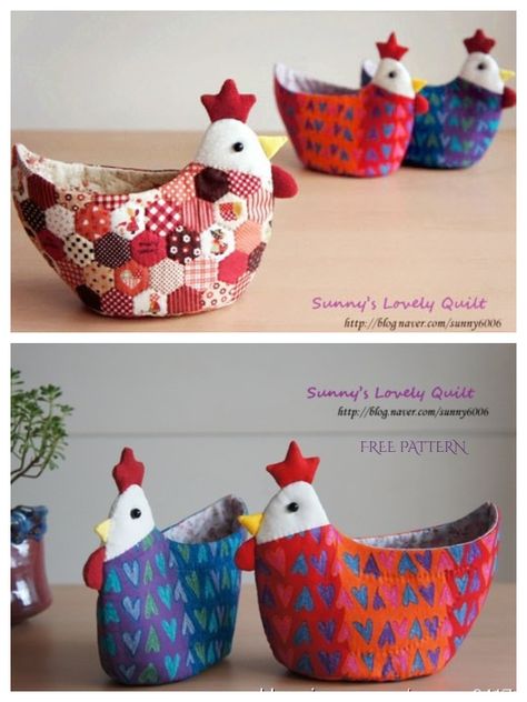 DIY Easter Chicken Egg Holder/Basket Free Sewing Patterns | Fabric Art DIY Chicken Baskets, Chicken Basket, Decoration For Easter, Basket Weaving Patterns, Fabric Christmas Ornaments Diy, Knitting Needle Case, Folded Fabric Ornaments, Easter Chicken, Folded Fabric