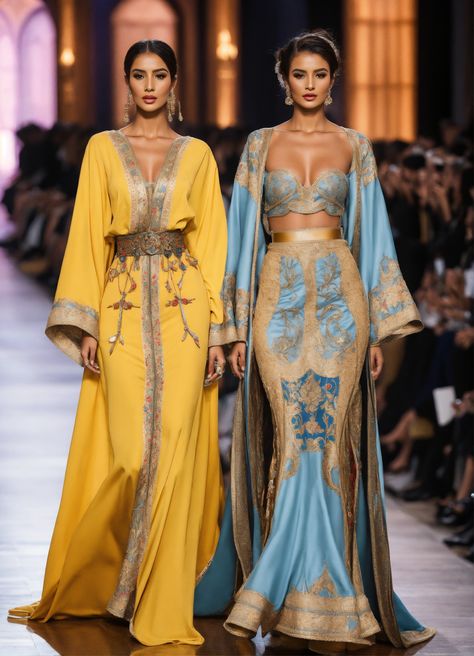 Lexica - Beautiful Arab women blond and another women brunette, wearing With a jacket, with Moroccan stitching on the edges Moroccan sfifa style, wid... Croquis, Middle East Outfit Woman, Arab Women Style, Arab Dresses Woman, Arab Fashion Modern, Morroco Outfits, Sleek Hairdo, Arab Princess, Moroccan Outfit