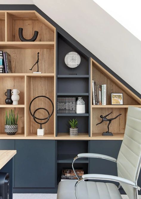 Modern Loft Home Office | Home Offices | Neville Johnson Style A Bookcase, Loft Home Office, Furniture Brochure, Styling A Bookcase, Attic Office, Loft Home, Staircase Storage, Loft Room, Living Room Bookcase