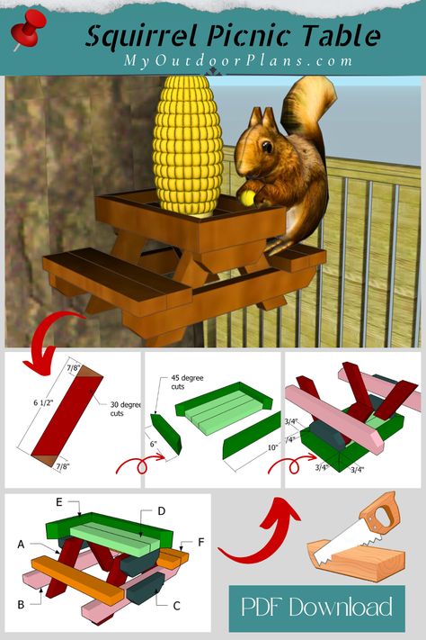 Squirrel Picnic Table – Free Plans | MyOutdoorPlans Squirrel Table, Squirrel Picnic Table, A Frame Chicken Coop, Goat Shelter, Bird Feeder Plans, Deer Blind, Picnic Table Plans, Cute Critters, Tree Support