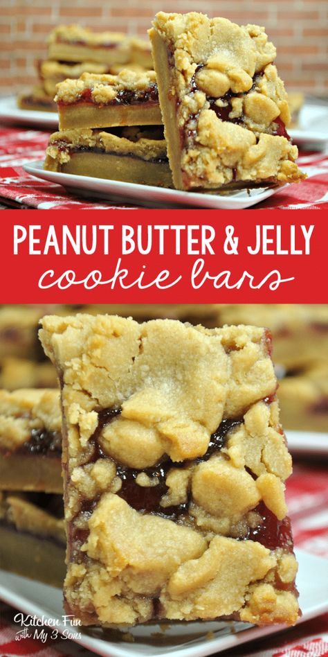 The Peanut Butter and Jelly Bars recipe below is so yummy. Heat Friendly Desserts, Better Than Anything Brownies, Pbj Snacks, 8x8 Dessert Recipes, Peanut Butter Jelly Recipes, Peanut Butter And Jelly Bars, Peanut Butter Jelly Cookies, Fall Treats Recipes, Jelly Bars