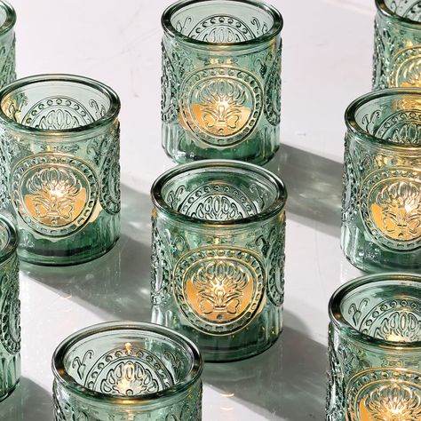 PRICES MAY VARY. BEST DECOR: This high-quality glass votive candle holders can be used in various occasions, specially designed for important occasions, can be used for weddings, birthday parties, dinner parties, dating and home decoration, and can also be used as gifts on Mother's Day, Christmas and other festivals Gift it to your friends and family. APPEARANCE: The appearance of the glass has exquisite relief geometric patterns, and the fresh green plays an embellishing effect. When the candle Glass For Wedding, Mercury Glass Centerpiece, Tea Lights Centerpieces, Gold Votive Candle Holders, Vintage Glass Candle Holders, Green Candle Holders, Wedding Shower Party, Glass Tealight Candle Holders, Bulk Candles