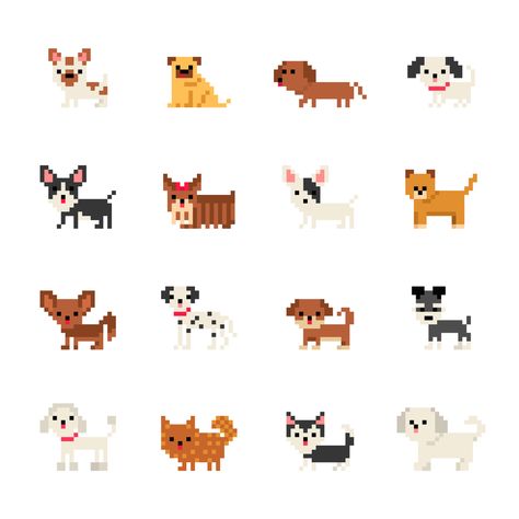 Pixel Art Dog Character Vector Icons Stitch People Dogs, French Bulldog Pixel Art, Pixel Dog Art, Dog Cross Stitch Pattern Free, Pixel Art People, Pixel Art Dog, Dog Pixel Art, Pixel Dog, Pixel People