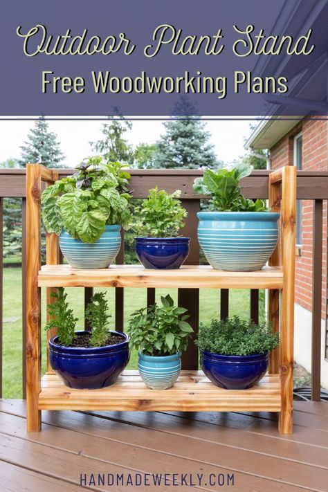 Free build plans for a DIY outdoor plant stand made from a single cedar 4x4 and four cedar fence pickets. Make this plant stand for under $40 USD in lumber. #woodworking #diyfurniture #cedarplantstand #outdoorplantstand #diypatio #diyplantstand #buildplans Wood Table For Plants, Outdoor Patio Shelves, Indoor Plant Stand Diy, Diy Plant Stand Outdoor, Diy Wooden Plant Stand, Diy Outdoor Plant Stands, Plant Stands Diy, Plant Shelves Outdoor, Outdoor Plant Stand