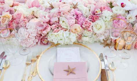 Posted by Colin Cowie Lifestyle - 256 West 36TH ST. 4th Floor NY, NY 10018 Pink Place Settings Wedding, Pink And White Beach Wedding, Beach Wedding Place Settings, Pink Coastal Wedding, Wedding Table Centerpieces Elegant, Pink Beach Wedding, Beach Wedding Pink, Colin Cowie, Weddings Beach