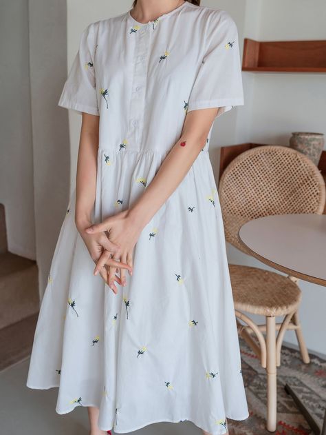 DAZY Floral Embroidered Button Front Smock Dress Short Embroidered Dress, Court Wear For Women, White Cotton Frocks For Women, Summer Cotton Frocks For Women, Stylish Short Dresses Summer Outfits, Summer Frocks For Women, Cotton Frocks For Women Summer Dresses, White Frocks For Women, Frocks Designs For Women