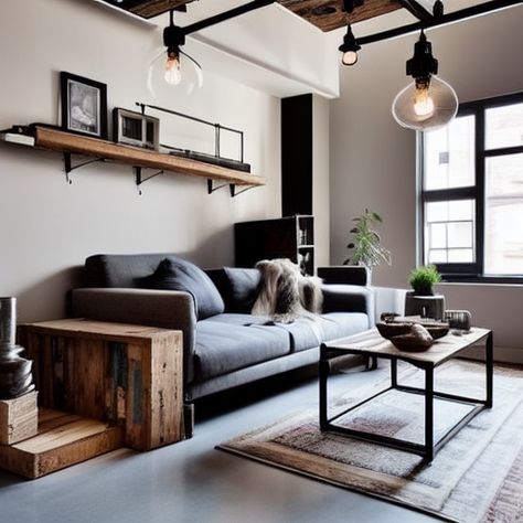 Beige Industrial Living Room, Industrial Luxe Decor, Modern Minimal Living Room Ideas, Small Living Room Ideas Industrial, Minimal Industrial Living Room, Minimalist Living Room Industrial, Interior Design Industrial Minimalist, Minimal Masculine Living Room, Small Masculine Living Room Ideas