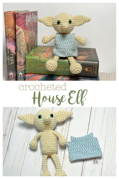 Crochet a Harry Potter inspired house elf with this free crochet pattern. He sits about 6 inches tall (about 9" with legs) and has pointy ears and nose and long skinny arms and legs and a little gray shift for clothes. Amigurumi Patterns, Harry Potter Free, House Elf, Harry Potter Crochet, Pointy Ears, Crotchet Patterns, Crochet Design Pattern, Elf House, Harry Potter Crafts