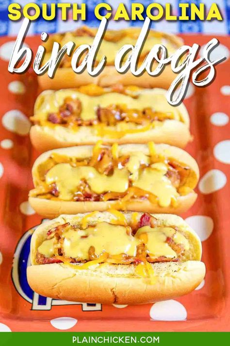 South Carolina Bird Dog Sandwiches - my FAVORITE sandwich! Chicken fingers, bacon, cheese, and honey mustard served in a warm hot dog bun. Great for a quick lunch, dinner, or parties! We love to take these to the parking lot for tailgating. food! Assemble and warm up on the grill before the big game. Everyone LOVES these easy chicken finger sandwiches. #chicken #hotdog #sandwich #chickenfingers #bacon #gameday #tailgating Essen, Blackstone Tailgate Food, Chicken Hotdog, Sandwiches Chicken, Hotdog Sandwich, Chicken Finger, Sandwich Chicken, Hot Dog Bun, Tailgating Food