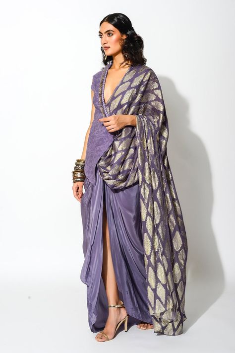 Buy Rishi & Vibhuti Purple Quilted Fabric Pre-draped Saree With Half Jacket Online | Aza Fashions Rishi Vibhuti, Saree With Jacket, Mauve Fabric, Long Blouse Designs, Draped Saree, Half Jacket, Purple Saree, Purple Quilts, Drape Saree