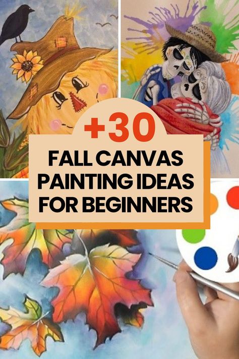 Looking for easy fall painting ideas? Then head over to the blog for 37 easy fall canvas painting ideas! Perfect for beginners or hobbyists, you'll find everything from easy thanksgiving canvas painting concepts, fall painting activities for toddlers, and simple fall canvas painting techniques for beginners. Fall Acrylic Pictures, Fall Painting Diy Canvas, Simple Fall Canvas Paintings, Canvas Christmas Painting Ideas For Kids, Fall Art Painting Canvases, Easy Fall Scenes To Paint, Fall Colors Painting, Ladies Night Painting Ideas, October Paintings Canvas