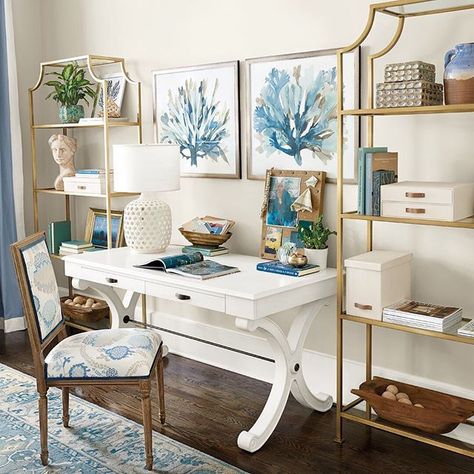 Home Office Design Small Spare Room, At Home Desk Decor, Create An Office Space In Living Room, Ballard Designs Office, Pink And Blue Office Decor, Grandmillennial Office, Coastal Home Office Ideas, Home Office Living Room Combo Layout, Glam Office Decor Workspaces