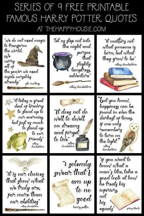 Free Printable Famous Harry Potter Quote Series | The Happy Housie Hogwarts Free Printables, Harry Potter Junk Journal Printables, Harry Potter Templates Free Printable, Harry Potter Fonts Free Download, Ollivanders Wand Shop Printable, Harry Potter Themed Library, Harry Potter Planner Printable Free, Harry Potter Bookmarks Printable Free, Harry Potter Printables Free Prints