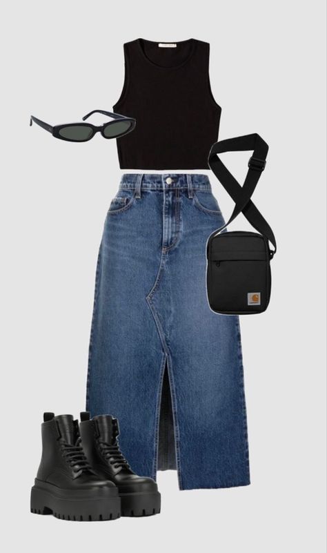 Black Skirt Outfits, Denim Skirt Outfits, Long Denim Skirt, Mode Chic, Looks Street Style, Inspiration Mode, Outfits Verano, Mode Inspo, Casual Style Outfits