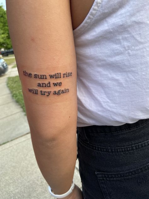 Quote on the back of the arm Writing On Back Of Arm Tattoo, Quotes Tattoos On Arm, Quote Tattoo Arm Placement, Tricep Tattoos Women Quotes, Mens Text Tattoo, Tattoo Placement Ideas Quotes, Tattoos For The Back Of The Arm, Sentences Tattoo Ideas, Quote Wrapped Around Arm Tattoo