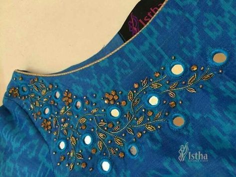 Work Dress Designs, Dress Designs Ideas, Neck Design For Kurti, Design For Kurti, Mirror Work Embroidery, Mirror Work Dress, Mirror Work Blouse Design, Mirror Work Blouse, Churidar Designs