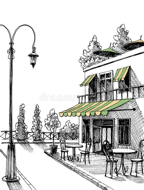 Street view sketch. Street view of a retro city restaurant terrace, sketch #Sponsored , #Sponsored, #SPONSORED, #view, #restaurant, #terrace, #sketch Restaurant Terrace, Retro City, Easy Landscape Paintings, City Sketch, Building Sketch, Pen Art Drawings, Building Illustration, Architecture Design Drawing, City Drawing