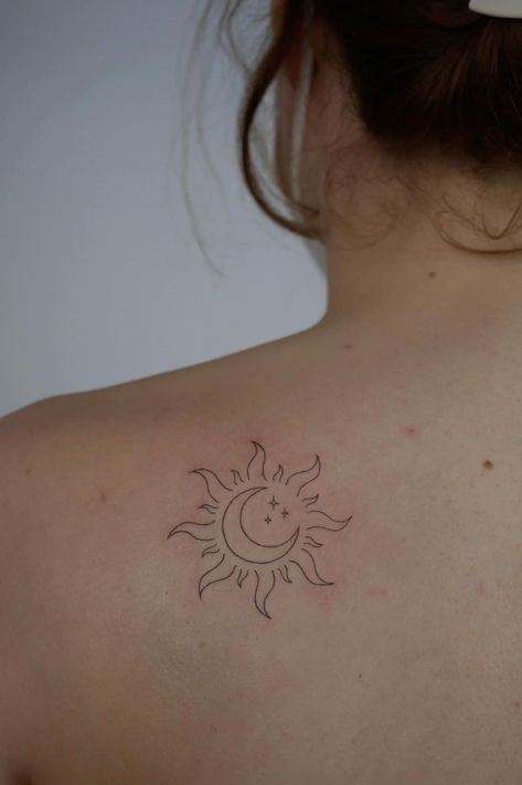 38 Amazing Small Sun and Moon Tattoo Ideas Simplistic Sun And Moon Tattoo, Simple Moon And Sun Tattoo, Sun And Moon Tattoo Back Of Neck, Moon On Back Tattoo, The Sun Moon And Stars Tattoo, Sun And Moon Stars Tattoo, Sun And Moon Tattoo On Back, Sun Moon Tattoo Designs, Simple Sun Moon And Stars Tattoo