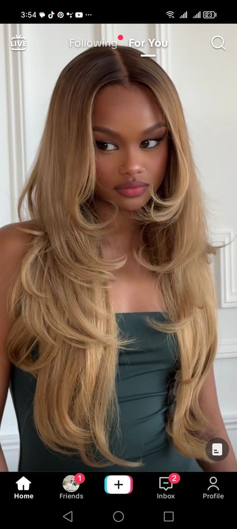 Layers Balayage, Wigs For Black Women Ideas, Blonde Layers Black Women, Black Roots Blonde Hair Black Women, Beauty Queen Hairstyles, Layer Lace Front Wig, Baddie Hairdye Ideas, Blonde Highlights Brown Hair Black Women, Golden Blonde Black Women