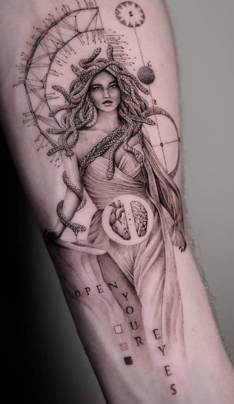 Medusa Tattoos: What Do They Symbolize? (With Images) Greek Goddess Tattoo, Backpiece Tattoo, Gray Tattoo, Mastectomy Tattoo, Medusa Tattoo Design, Herz Tattoo, Goddess Tattoo, Medusa Tattoo, Greek Tattoos