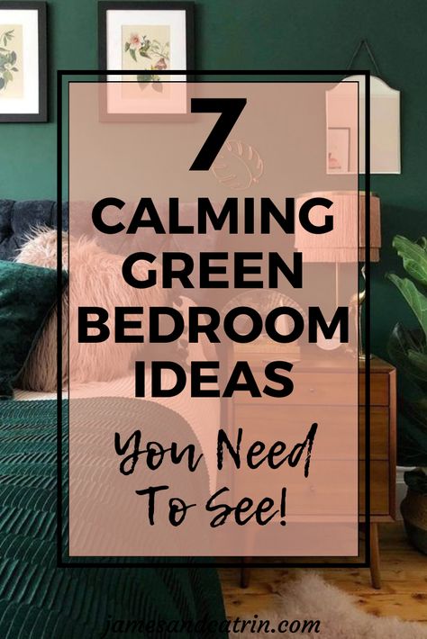 Inspiring green bedroom ideas to create a calming space. From green walls to green artwork, learn how to bring green into your bedroom. #greenbedroomideas #bedroomideas #greendecor #homedecor #jamesandcatrin Green Comforter Bedroom, Emerald Green Rooms, Hunter Green Bedrooms, Green Curtains Bedroom, Forest Green Bedrooms, Emerald Green Bedrooms, Light Green Bedrooms, Dark Green Rooms, Beautiful Bed Designs