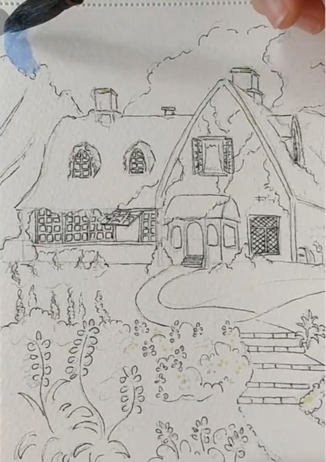 Cottage House Drawing Sketch, Ghibli Art Drawing, Easy Studio Ghibli Scenes To Paint, Studio Gibhili Drawings, Studio Ghibli Painting Tutorial, Cottage Core Watercolor Paintings, Cottage Drawing Easy, Ghibli House Drawing, Studio Ghibli Inspired Art