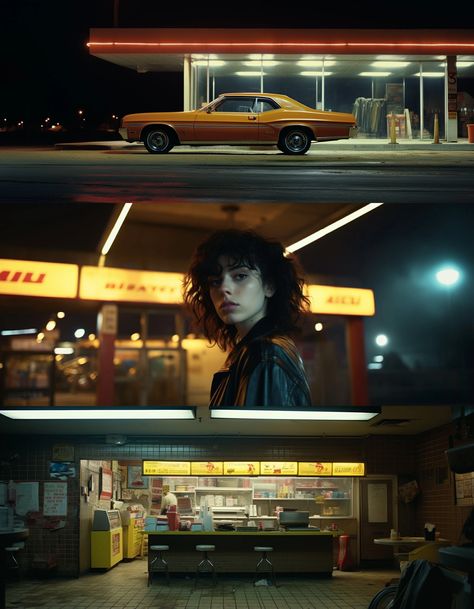 Andre do Amaral - cinematic shot, American muscle car standing in front of illuminated gas station at night, darkness illumination, Kodak film, Classic American vistas --ar 21:9 --c 10 --style raw Cinematic portrait, Beautiful Rebellious Woman standing in front of yellow i – SAVEE Cinematic Lighting Techniques, Kodak Film Photography, Gas Station Cinematic, Gas Station Photoshoot Ideas, Cinematic Car Photography, Cinematic Car Shots, Cinematic Night Photography, Cinematic Transition, Gas Station Car Photoshoot