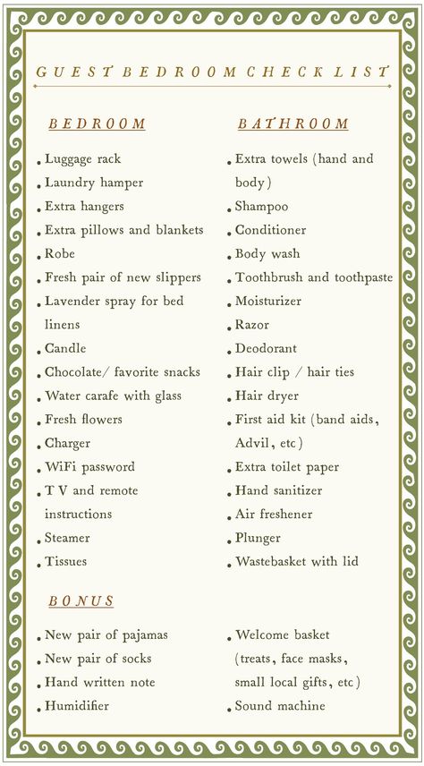 Guest bedroom checklist New Home Bedroom Checklist, Bedroom Decor Checklist, Guest Bedroom Checklist, Bedroom Checklist Decor, Guest Room Essentials List, Guest Room Checklist, Hosting House Guests, New Bedroom Checklist, Guest Room Organization Ideas