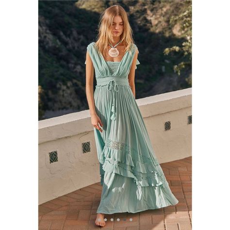 Femme Beachy Maxi From Free People, Featuring A Dramatic Tiered Skirt, A Drawstring Waist. Crochet Lace Insets, Tassel Drawstring, Semi-Sheer Accents, And A Flower Fit. I Do Have Size Xs As Well Maxi Dress Free People, Free People Maxi, Dress Free People, Maxi Sundress, Green Maxi, Maxi Slip Dress, Picture Outfits, Sweater Dress Midi, Fairy Dress