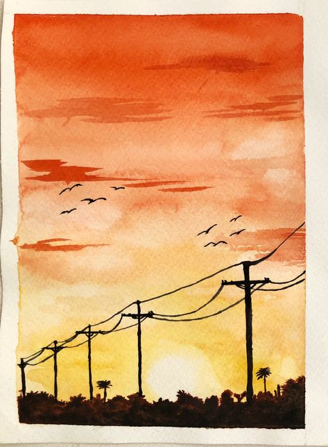 Sunset Painting Watercolor Easy, Easy Scenery Watercolor, Simple Watercolor Sunset, Watercolor Landscape Sunset, Watercolor Art Sunset Easy, Sunset Watercolour Painting, Easy Watercolour Painting Aesthetic, Water Coloring Ideas Easy Landscape, Sunset Drawing Watercolor