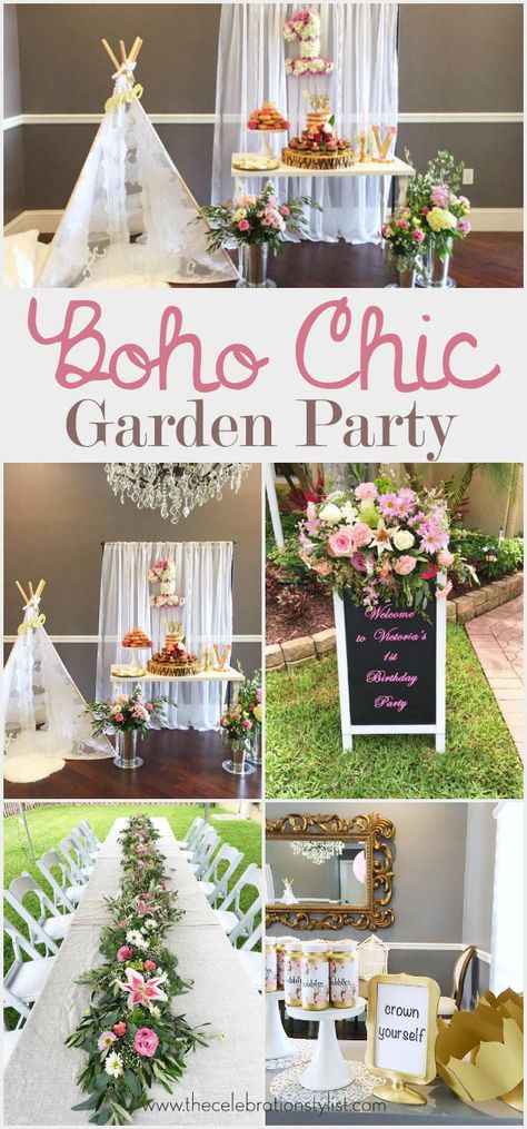 Boho Floral Garden Birthday Party decoration ideas. #partyideas #party #entertaining #decorations #summer #ideas #boho #floral #decor #garden Garden Party Decorations Diy, Chic Garden Party, Birthday Party Decoration Ideas, Boho Chic Party, Garden Birthday Party, Boho Birthday Party, Bohemian Party, Landscape Gardening, Deco Champetre