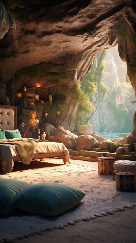 Fantasy Cave Home Concept Art, Cave Room Fantasy Art, Fantasy Aesthetic Home Decor, Cave Aesthetic Room, Cave Bedroom Aesthetic, Cave Themed Room, Cave Room Aesthetic, Cave Home Aesthetic, Cave House Aesthetic