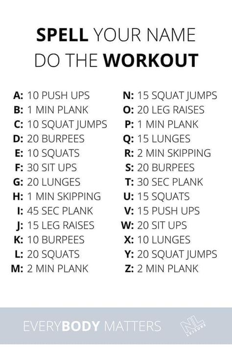 Alphabet Workout Challenge, Alphabet Workout, Spell Your Name Workout, Spell Your Name, Train Like A Beast, Weight Workout, Jump Squats, Leg Raises, Gymnastics Workout