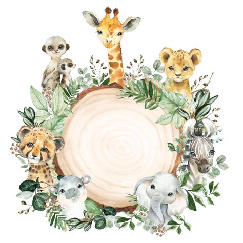 Wild Animals Safari Greenery Baby Shower By Mail Invitation Watercolor Baby Animals, Baby Safari Animals, Baby Jungle Animals, Safari Animals Birthday, Safari Baby Animals, Safari Green, Animal Baby Shower Invitations, Baby Shower Clipart, Green Jungle