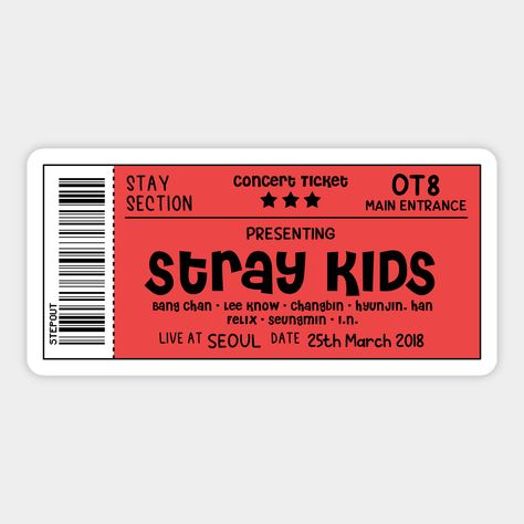 Stray Kids Concert Ticket -- Choose from our vast selection of stickers to match with your favorite design to make the perfect customized sticker/decal. Perfect to put on water bottles, laptops, hard hats, and car windows. Everything from favorite TV show stickers to funny stickers. For men, women, boys, and girls. Skz Stickers Printable Aesthetic, Skz Printable Stickers, Straykids Stickers Printable, Stray Kids Stickers Printable, Skz Stickers Printable, Stray Kids Stickers, Stray Kids Sticker, Skz Stickers, Stray Kids Concert