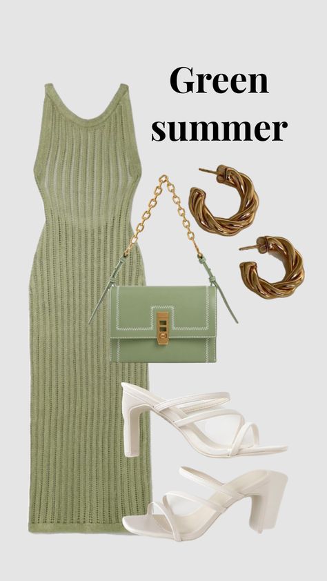 Minimalistic Green outfit summer style with dress #dress #greenaesthethic Green Dress Outfit Summer, Bandeau Dress Outfit, Green Outfit Summer, Green Summer Outfit, Green Spring Dresses, Style With Dress, Dramatic Kibbe, Kibbe Style, Green Dress Outfit